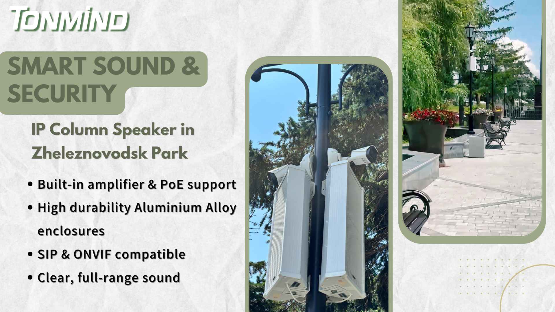 Som e segurança inteligentes: alto-falante de coluna IP Tonmind no Parque Zheleznovodsk
