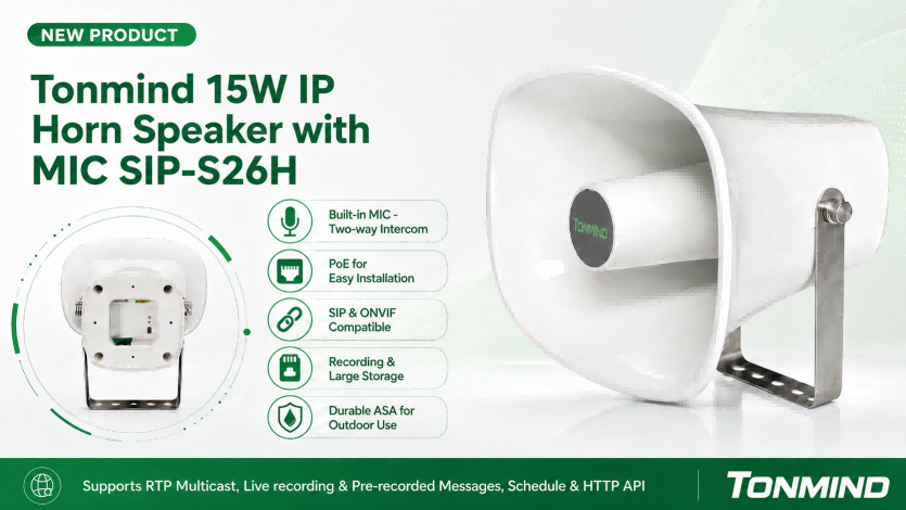 Tonmind lança novo alto-falante de corneta IP de 15W com microfone embutido SIP-S26H